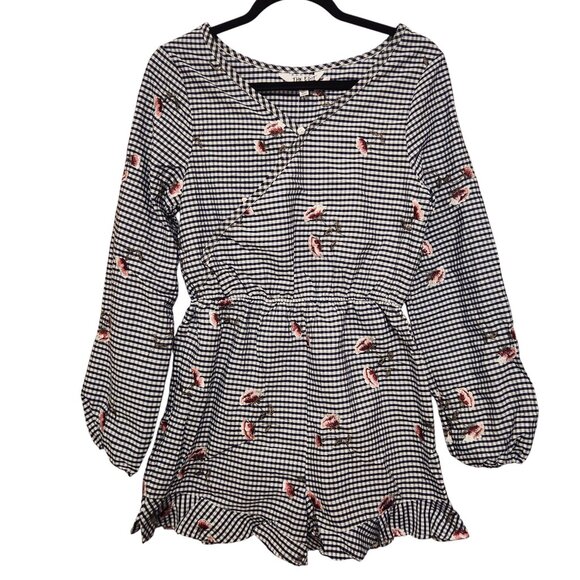 The Edit by Seventeen Navy White Gingham Floral Embroidered Romper Size Medium - Picture 1 of 9